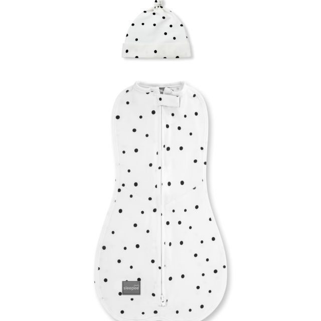 Saculet Swaddle infasat Nou Nascut Bumbac + Caciulita -  First Step Dots 0.2 Tog Sleepee