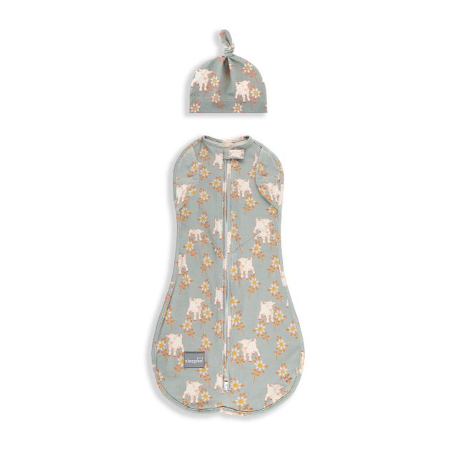 Saculet Swaddle infasat Bebe Bumbac + Caciulita -  Second Step Animale de Epoca Sky Blue 0.2 Tog Sleepee