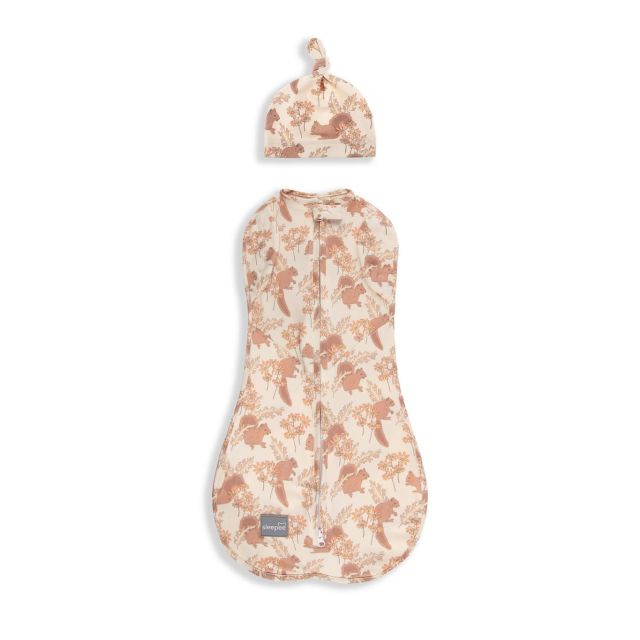 Saculet Swaddle infasat Nou Nascut Bumbac + Caciulita -  First Step Animale Epoca Almond Sleepee